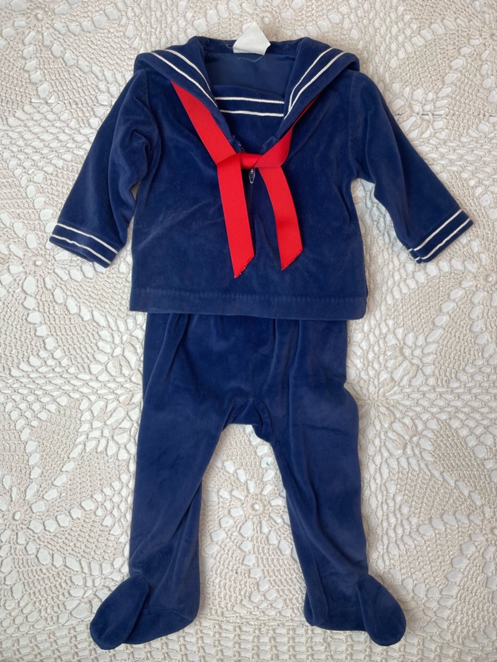 Vintage 1980s Baby Gro Boys 6 Months Navy Velour Nautical Footie Outfit